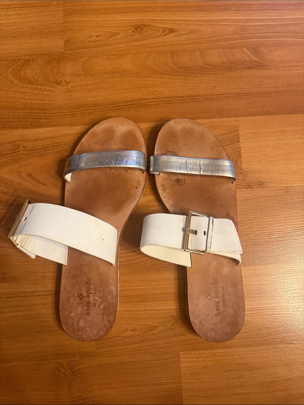 kate spade White & Silver Buckle Two‑Strap Slide Sandals